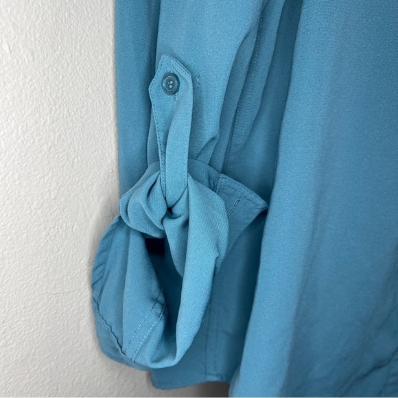 Large Vintage Laura Scott Teal Blue Long Sleeve Button Down Top Roll Tab - Picture 9 of 9